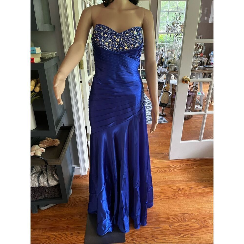 Masquerade Royal Blue Side Cut Out Strapless Crystal Embellished Satin apron Dre